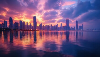 Fototapeta premium A panoramic view of the city skyline with clouds and city lights reflected on the water, Cityscape, Stunning and tranquil