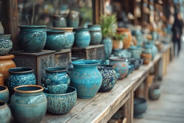 Market stall full of handmade ceramic pots in natural colors