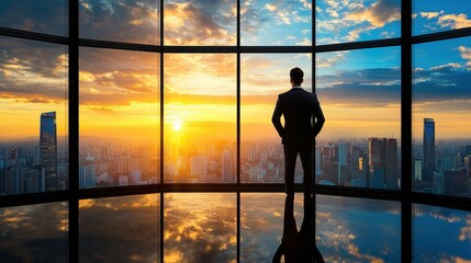 Ceo gazes out of skyscraper cityscape business vision high-rise perspective future planning