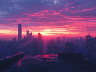 Fototapeta premium A rooftop view of a city at sunrise, with the skyline silhouetted against the sky, Cityscape, Calm and inspiring