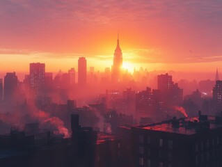 Fototapeta premium A rooftop view of a city at sunrise, with the skyline silhouetted against the sky, Cityscape, Calm and inspiring