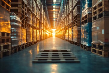 Symmetrical view of large warehouse interior with glowing vanishing point
