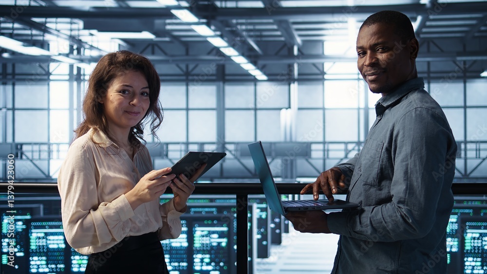 Poster smiling admins using laptop in data center, managing server virtualization. cheerful it specialist a