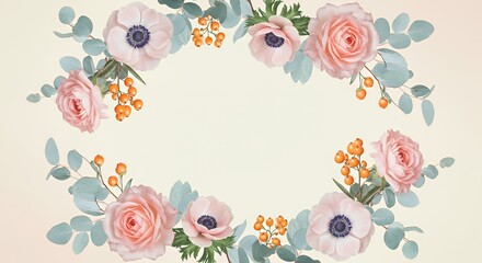 Asymmetrical Floral Frame with Pink Roses and Anemones