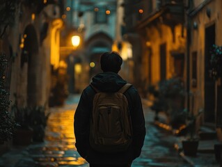 Obraz premium A solo traveler walking through a quiet, historical street at night, City Exploration, Mysterious and atmospheric