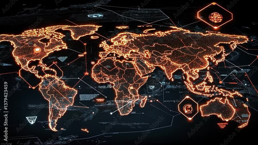 Poster futuristic world map highlighting countries with potential cyber security threats, visualizing globa