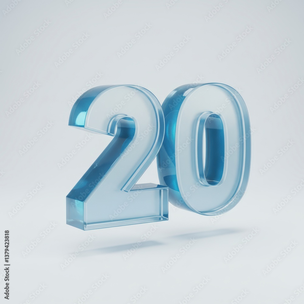 Poster rendering of number twenty in transparent glass material with blue hue