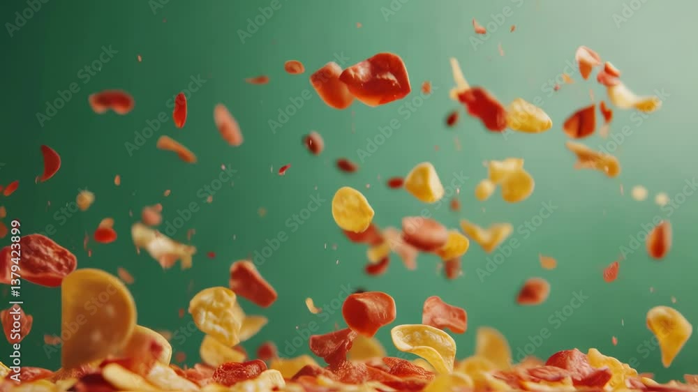 Poster potato and beetroot chips are falling against a vibrant green screen backdrop, creating a dynamic an