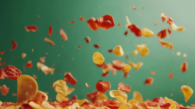 Potato and beetroot chips are falling against a vibrant green screen backdrop, creating a dynamic and visually appealing scene, ideal for food related projects or commercials