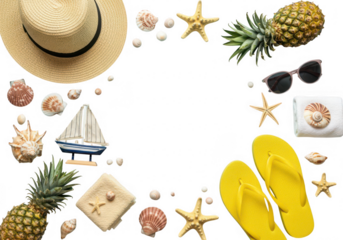 Summer vacation beach accessories and tropical fruit layout on transparent