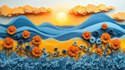 Fototapeta premium Vibrant Paper Cut Art Landscape with Sun Clouds Floral Elements in Blue and Yellow