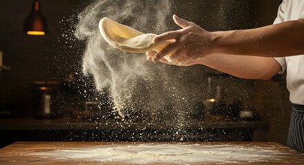 Chef Tossing Pizza Dough with Flour in a Restaurant Kitchen