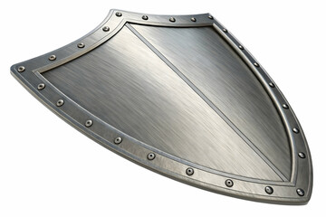 Shiny Silver Metallic Shield Symbolizing Security and Protection,Metal shield with rivets isolated on white background,Silver Security Shield, Isolated White Background, Protection Graphic Design Elem