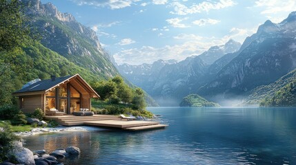 Fototapeta premium Alpine lakefront cabin retreat