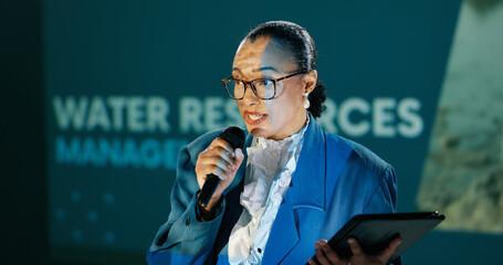 Conference, woman and workshop on stage for speech, talk or discussion for seminar host. Panel, mic...