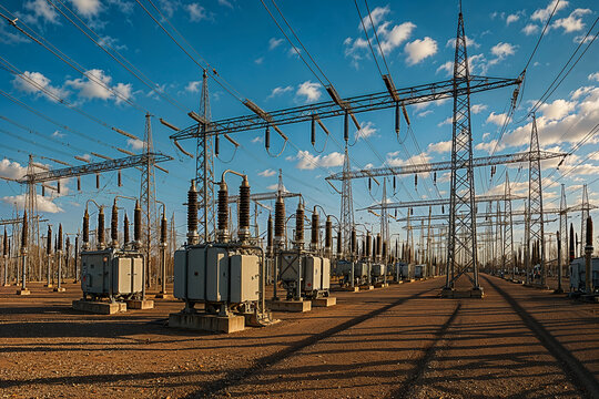 High voltage power substation with transformers and transmission lines under blue sky generating electricity for energy distribution