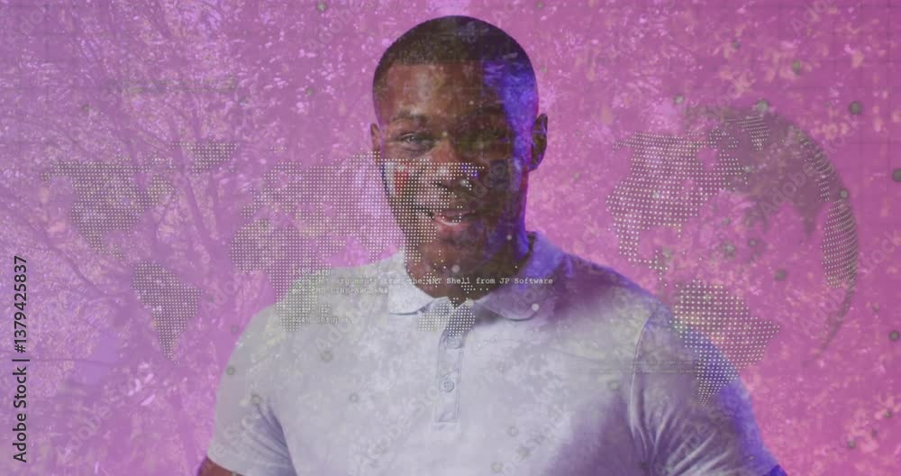 Poster digital animation of world map overlaying smiling man on pink background