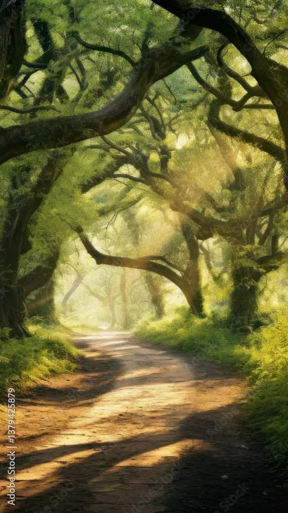 Aufkleber a serene forest path with sunlight filtering through twisted trees, captured from a low angle, creat