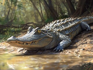 Obraz premium Resting Alligator by Muddy Water in Swamp or Bayou Illustration