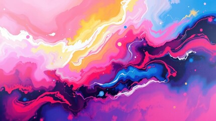 Colorful Abstract Fluid Art Painting with Swirling Pink, Blue, and Yellow