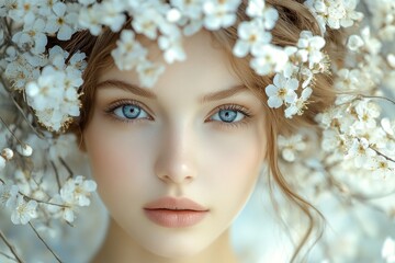 Stunning middle eastern young woman surrounded by cherry blossoms. Commercial marketing idea. Spring mood, dark night and warm mystic light - complementary lighting.