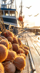 Orange Fishing Nets on Wooden Dock at Sunset