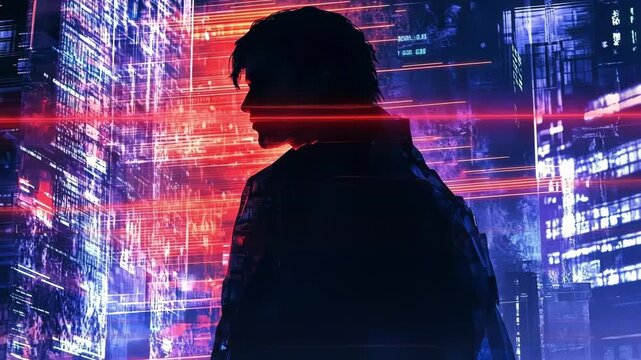Amidst a chaotic backdrop of flickering screens and lines of shifting code a solitary hacker is momentarily framed in a burst of light revealing the tense concentration etched into