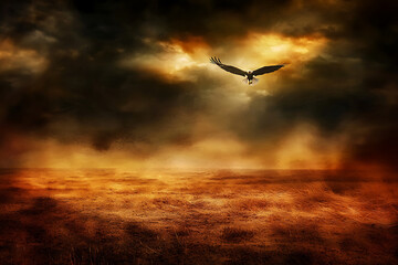 Obraz premium Majestic Eagle Soaring Through a Dramatic, Dusty Sky Over Golden Fields