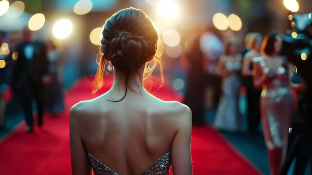 Woman in dress at red carpet. Red carpet girl in dress. Model glares at the light of a glare. A lady in lifestyle a gown on a red carpet.
