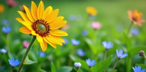Yellow and pink sunflower with delicate blue petals in a lush green meadow, garden, yellow