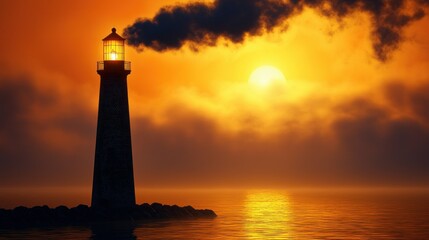 Lighthouses silhouette at sunset over foggy sea