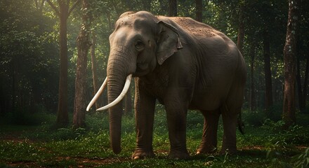 Naklejka premium Majestic Asian Elephant with Tusks Roaming Freely Through Lush Green Forest