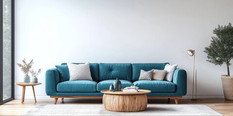 Minimalist Scandinavian Living Room Design with Teal Sofa and Wooden Furniture 3D Render