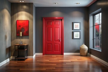 Stylish interior hallway with a vibrant red door, hardwood floors, and modern artwork