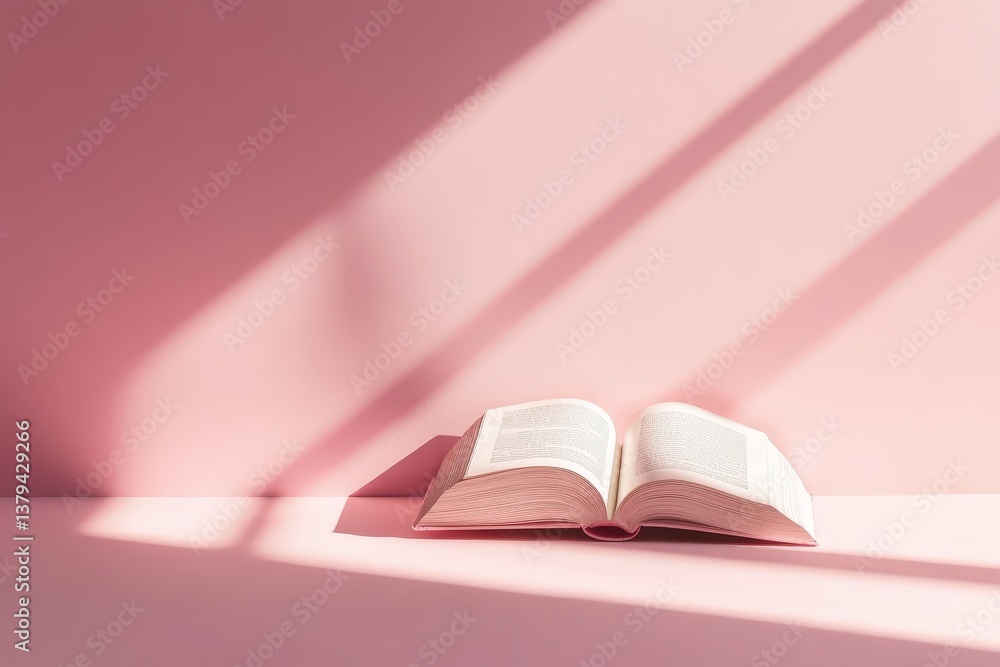 Poster an open book rests on a pink surface under soft shadows