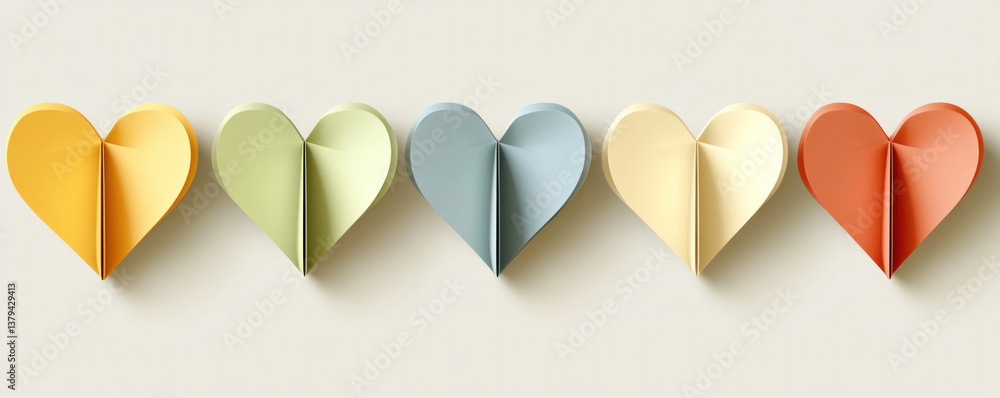 Poster a row of colorful paper hearts are lined up on a white background. the hearts are of different sizes
