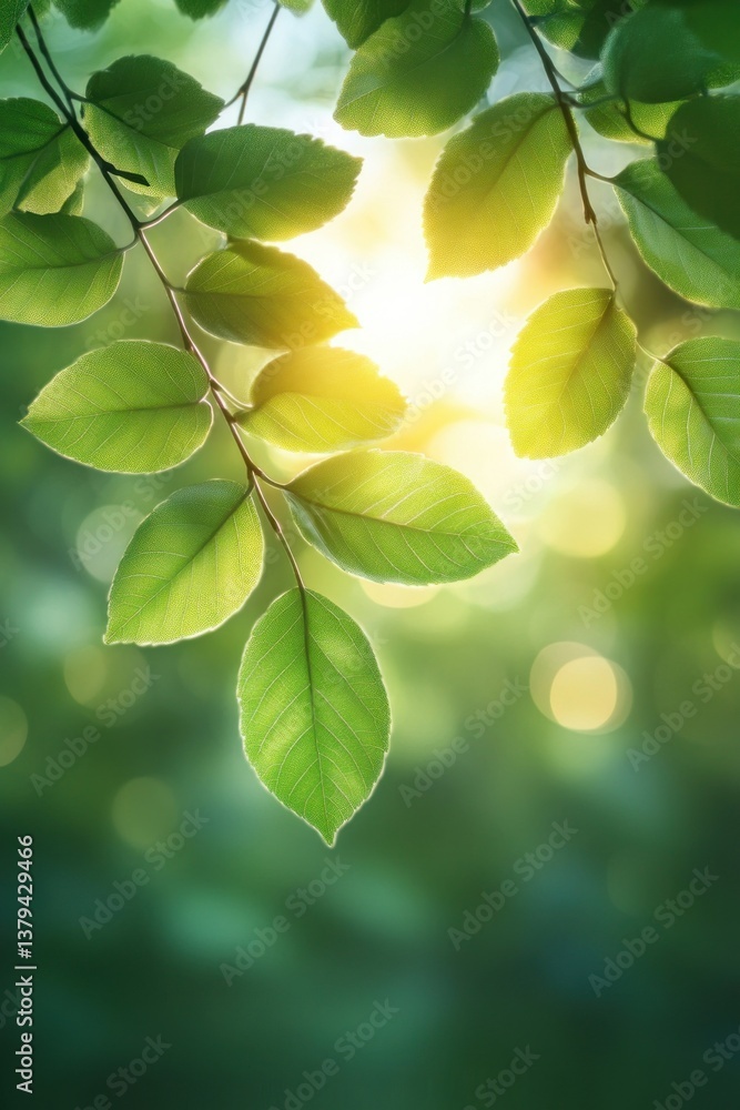 Aufkleber sunlight filtering through green leaves in a soft focus forest with dreamy bokeh effect
