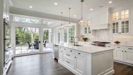 A bright and airy kitchen with white cabinets island and large sliding glass doors to the patio area