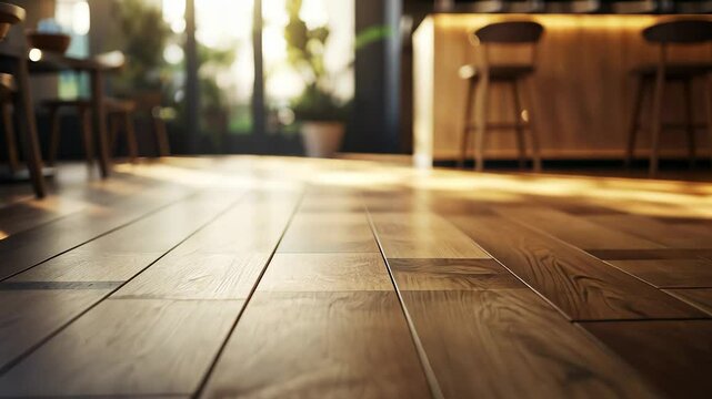 An image of wooden floor. Room with large number of chairs and blurred background. A parquet with a light brown glare. A picture of a lifestyle timber floor.