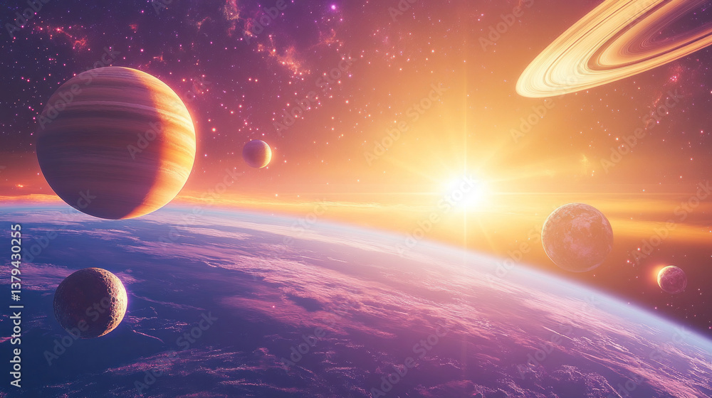 Poster a colorful space scene with a sun in the background and a group of planets in the foreground. the pl