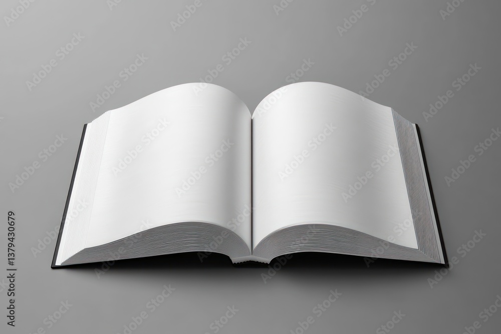 Poster open minimalist book with blank pages on neutral gray background for design showcase
