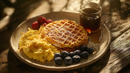 Cozy breakfast plate with oat waffle seared breakfast patty scrambled eggs shredded cheese and berries on a rustic wooden table  
