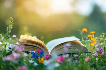 An open book resting amongst colorful wildflowers and lush green grass