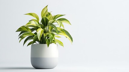 A vibrant potted plant, its green and yellow leaves adding a touch of nature and serenity to any space, set against a clean, white backdrop.