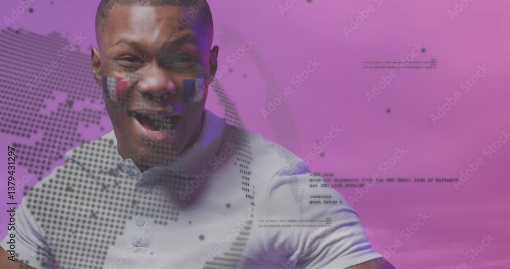 Aufkleber man with face paint and digital data animation overlay on purple background