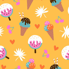 Colorful Ice cream seamless pattern. Background with ice cream, hearts, cherry, and leaves. 