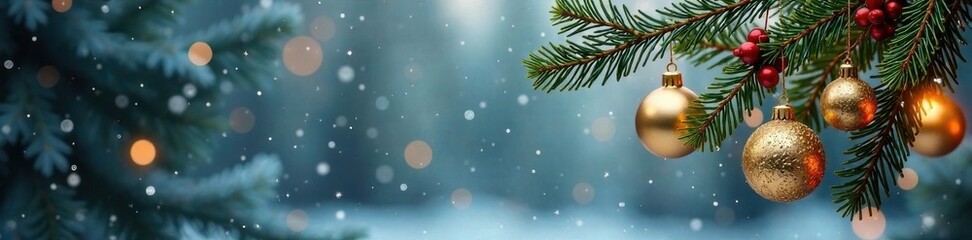Fototapeta premium Winter snowflakes and holly branches adorned with gold ornaments suspended in mid-air , isolated background, gold ornaments, festive decor