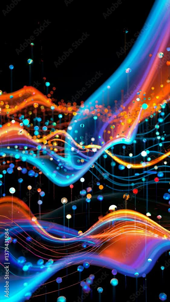Poster abstract video concept with flowing neon waves and glowing dots. captured from a low angle, creating