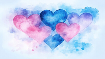 Obraz premium A painting of four hearts in blue and pink colors. The painting has a mood of love and affection