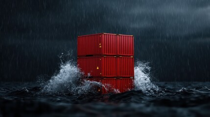Red shipping containers amidst stormy ocean waves